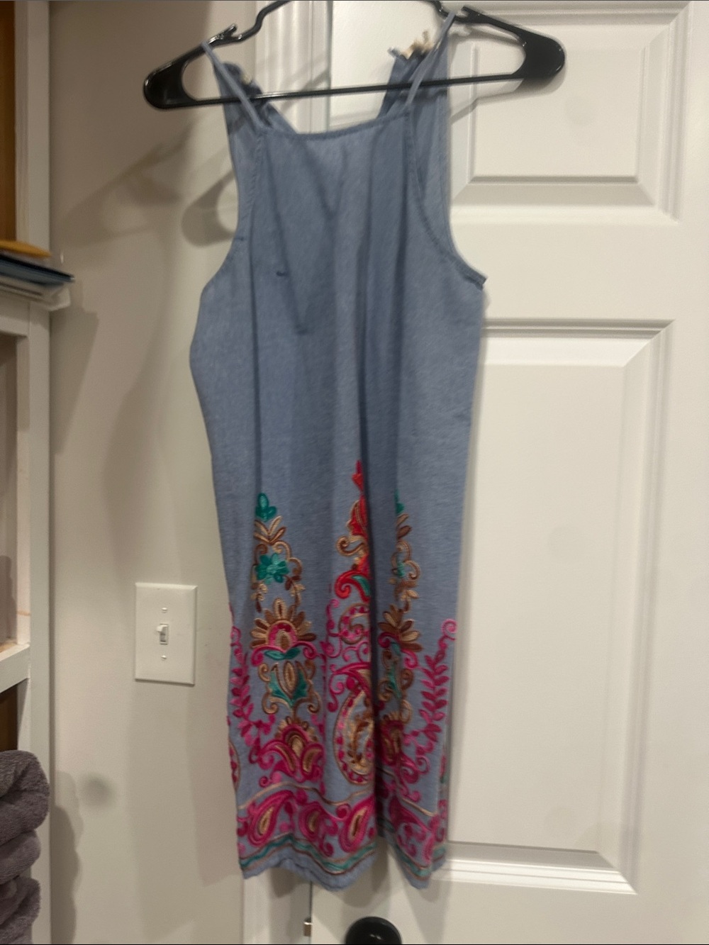 entro Light Blue Midi Dress with Pink & Teal Embroidery